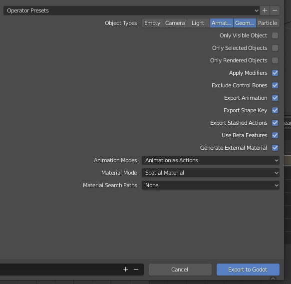 scene export stashed actions, animations